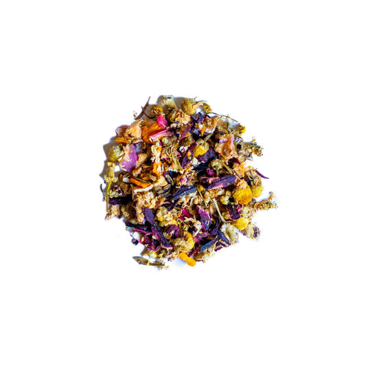 Round mound of Decaf-T loose leaf chamomile tea blend.