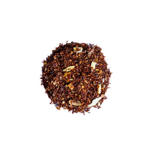 Round mound of (Tea)ches of Peaches loose leaf red rooibos blend.