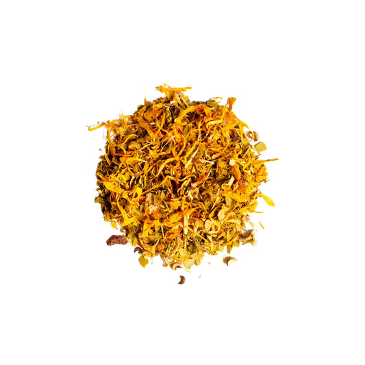 Round mound of Toad's Gold loose leaf yerba mate blend .
