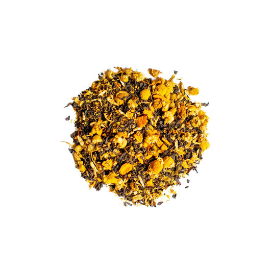 Round mound of Dirty Daisy loose leaf black tea blend.