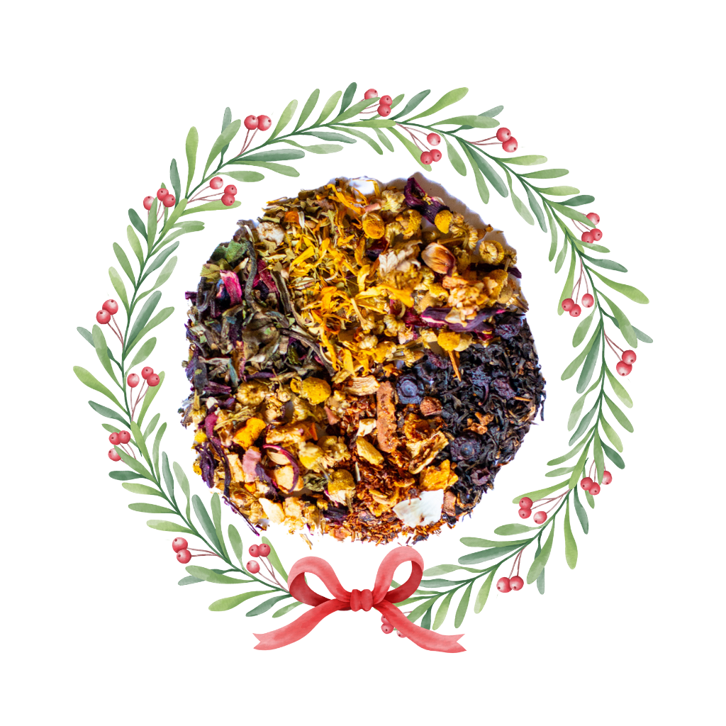 A round mound of 6 different tea blends, with a wreath around it to make it festive.